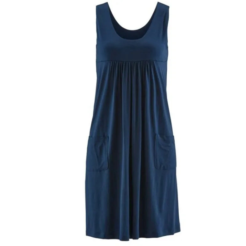 EtherealBe loose sleeveless casual dress in navy blue with side pockets for a relaxed fit