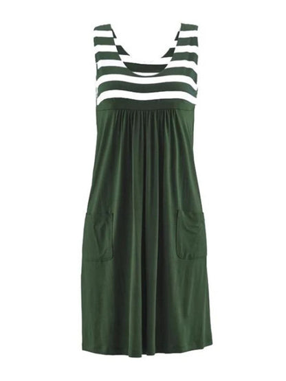EtherealBe loose sleeveless casual dress in green with white stripes and front pockets