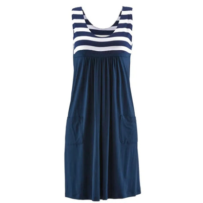 EtherealBe loose sleeveless casual dress in navy and white stripes with pockets for a relaxed look