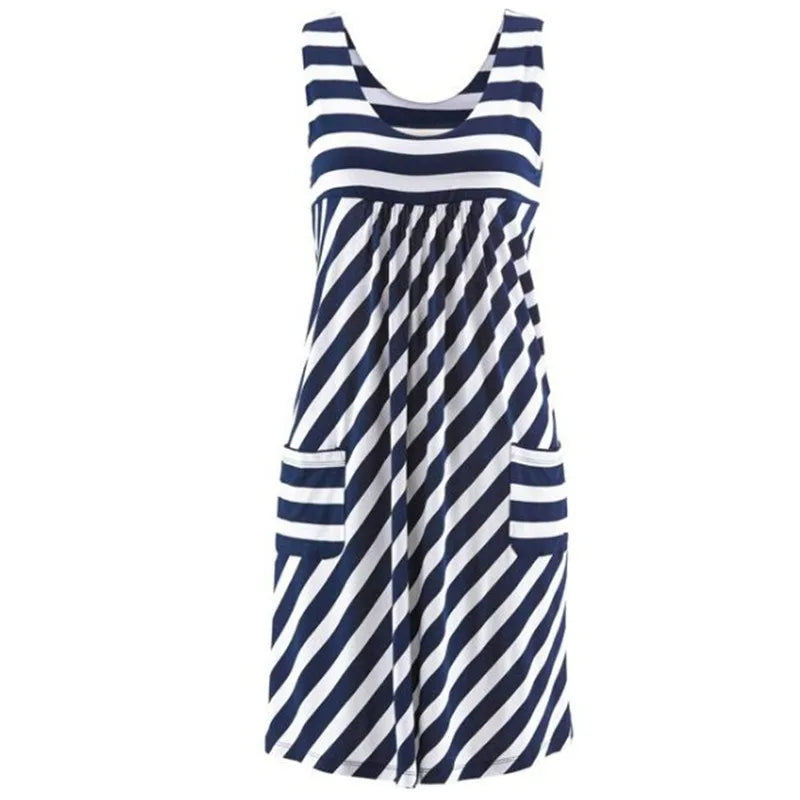 EtherealBe loose sleeveless casual dress in navy and white stripes with front pockets