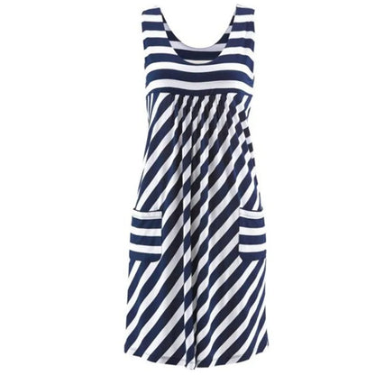EtherealBe loose sleeveless casual dress in navy and white stripes with front pockets