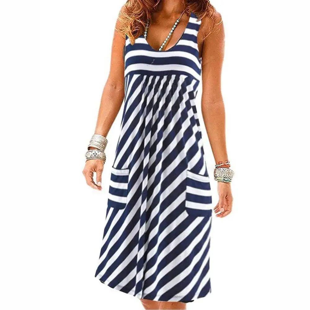 EtherealBe loose sleeveless casual dress with navy and white stripes and pockets for summer wear