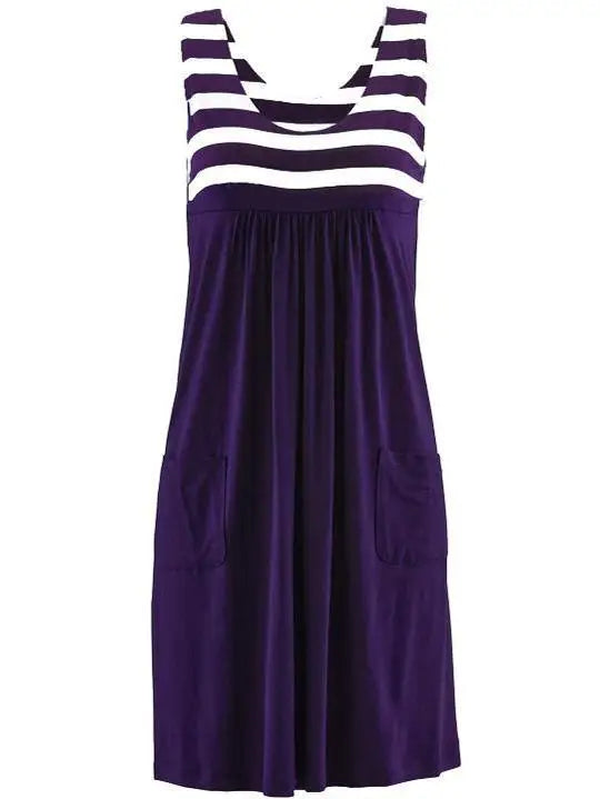 EtherealBe Loose Sleeveless Casual Dress in Purple and White Stripe with Front Pockets