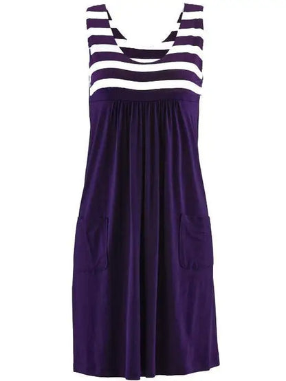 EtherealBe Loose Sleeveless Casual Dress in Purple and White Stripe with Front Pockets