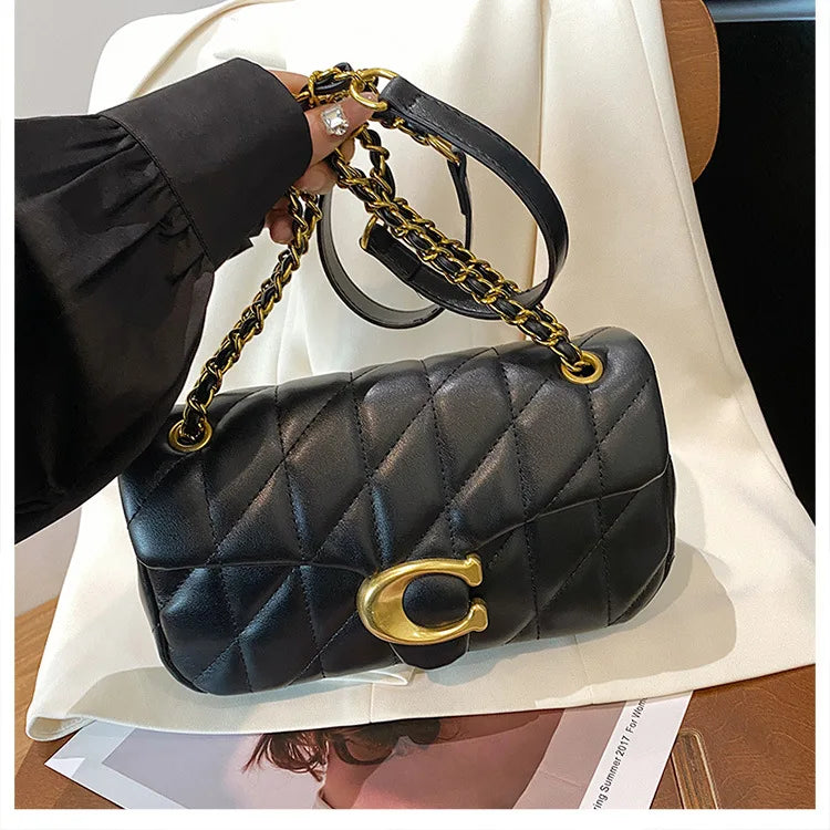 EtherealBe black quilted leather shoulder bag with gold C clasp and chain strap luxury square chain handbag for evening
