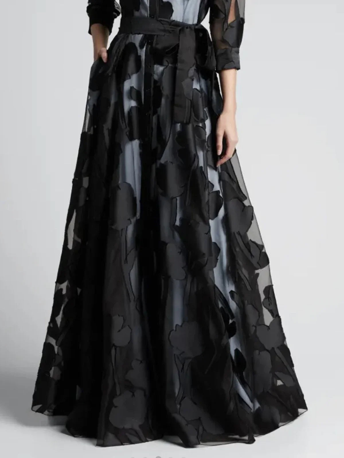 EtherealBe elegant polka dot maxi dress black sheer overlay with waist tie and full skirt