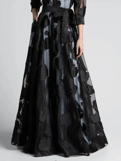 EtherealBe elegant polka dot maxi dress black sheer overlay with waist tie and full skirt