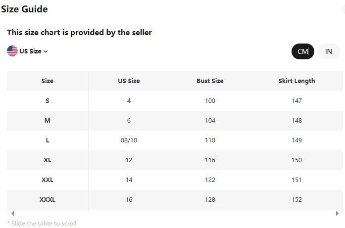 Size guide chart for EtherealBe elegant polka dot maxi dress showing US sizes bust and skirt length measurements