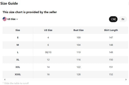 Size guide chart for EtherealBe elegant polka dot maxi dress showing US sizes bust and skirt length measurements