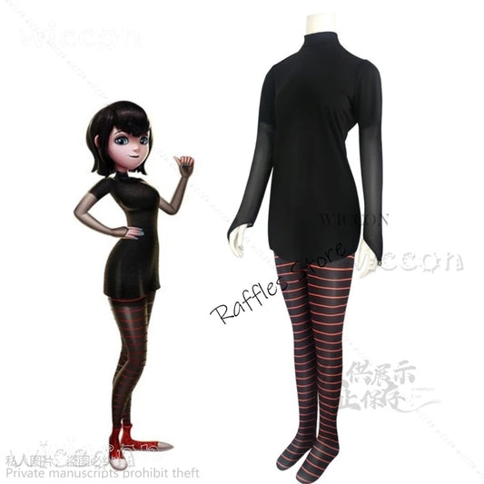 Mavis Dracula cosplay costume for women featuring a black dress and striped tights