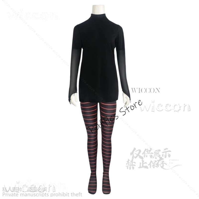 Mavis Dracula cosplay costume for women featuring a black top and striped leggings