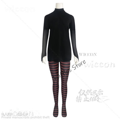 Mavis Dracula cosplay costume for women featuring a black top and striped leggings