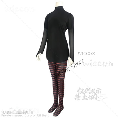 Mavis Dracula cosplay costume for women featuring a sleek black top and striped leggings