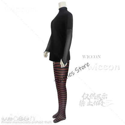 Mavis Dracula cosplay costume for women featuring a black top and striped leggings for a complete look