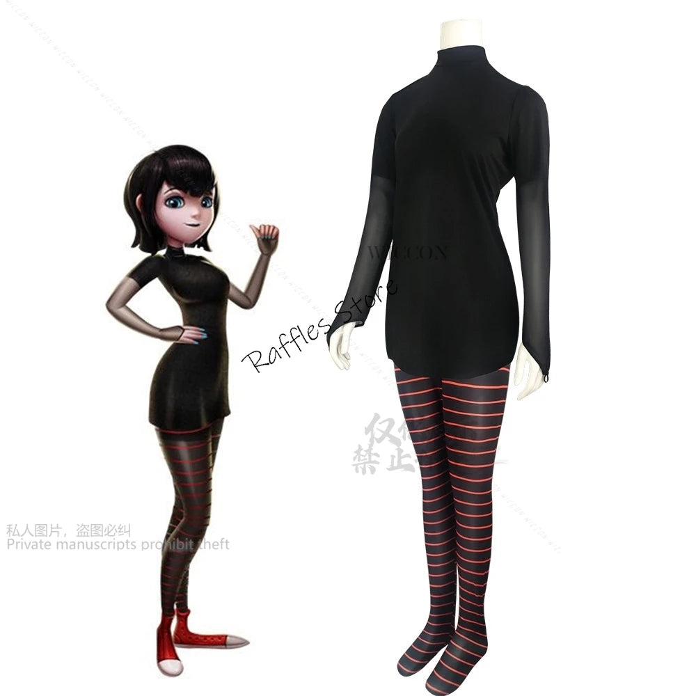 Mavis Dracula cosplay costume for women featuring a black outfit with striped leggings and a mock neck design