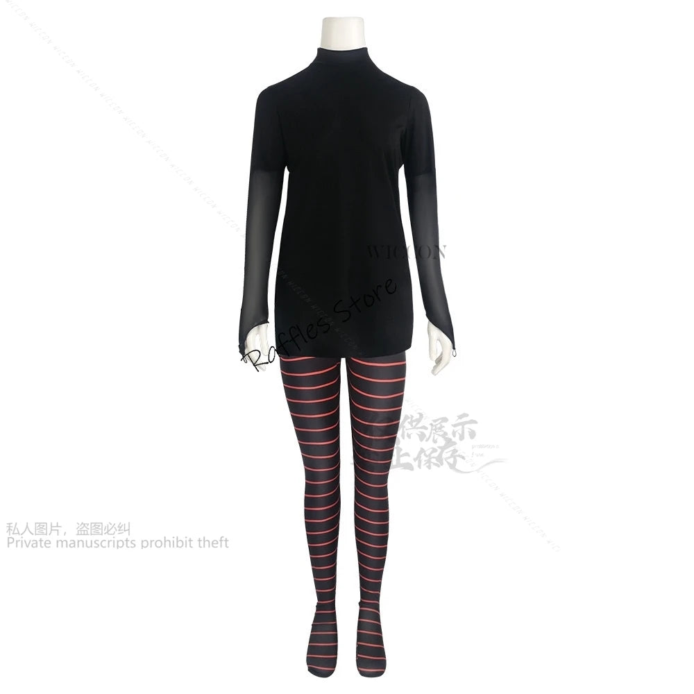 Mavis Dracula cosplay costume women featuring a sleek black top and striped leggings
