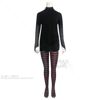 Mavis Dracula cosplay costume women featuring a sleek black top and striped leggings