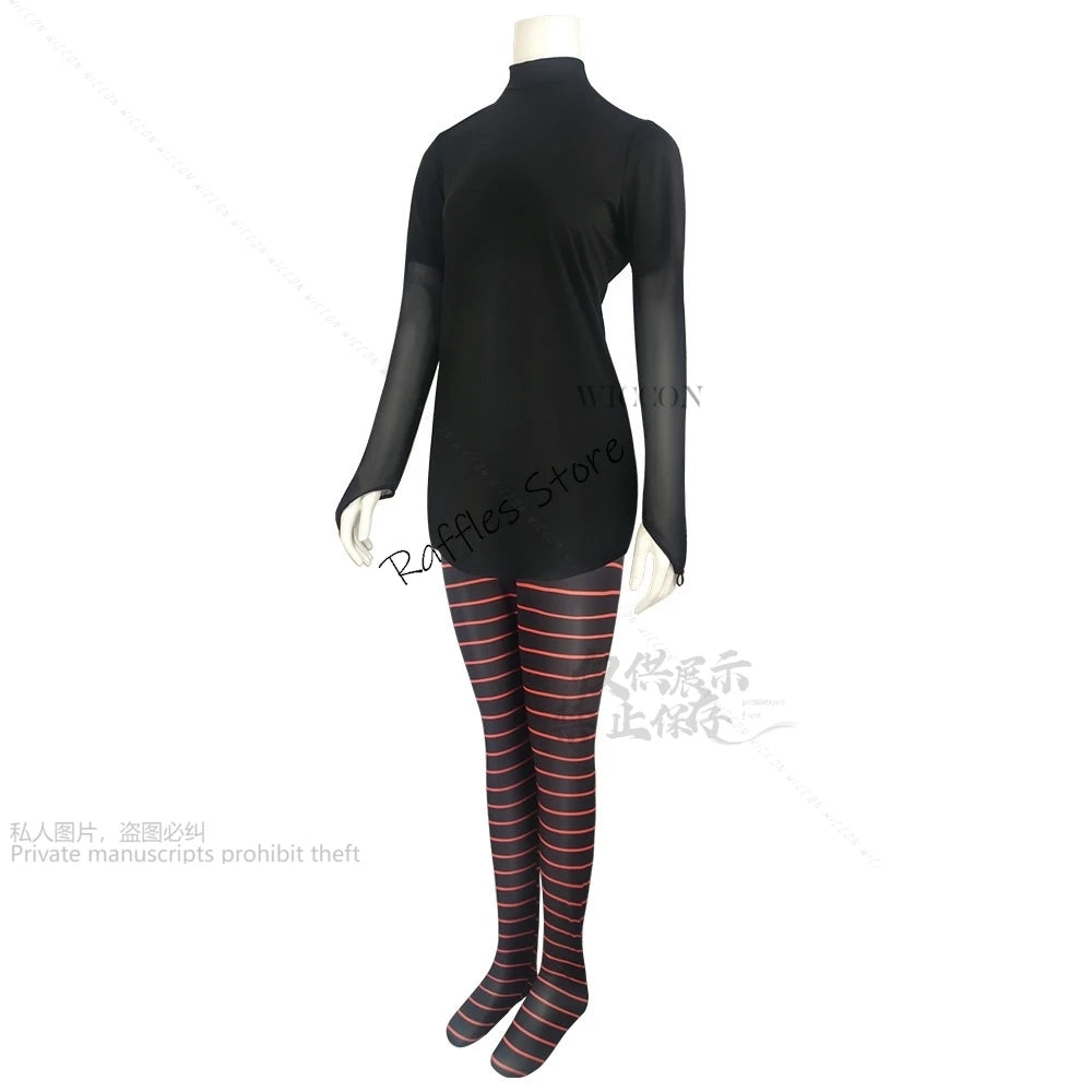 EtherealBe Mavis Dracula cosplay costume for women featuring a black bodysuit and striped tights