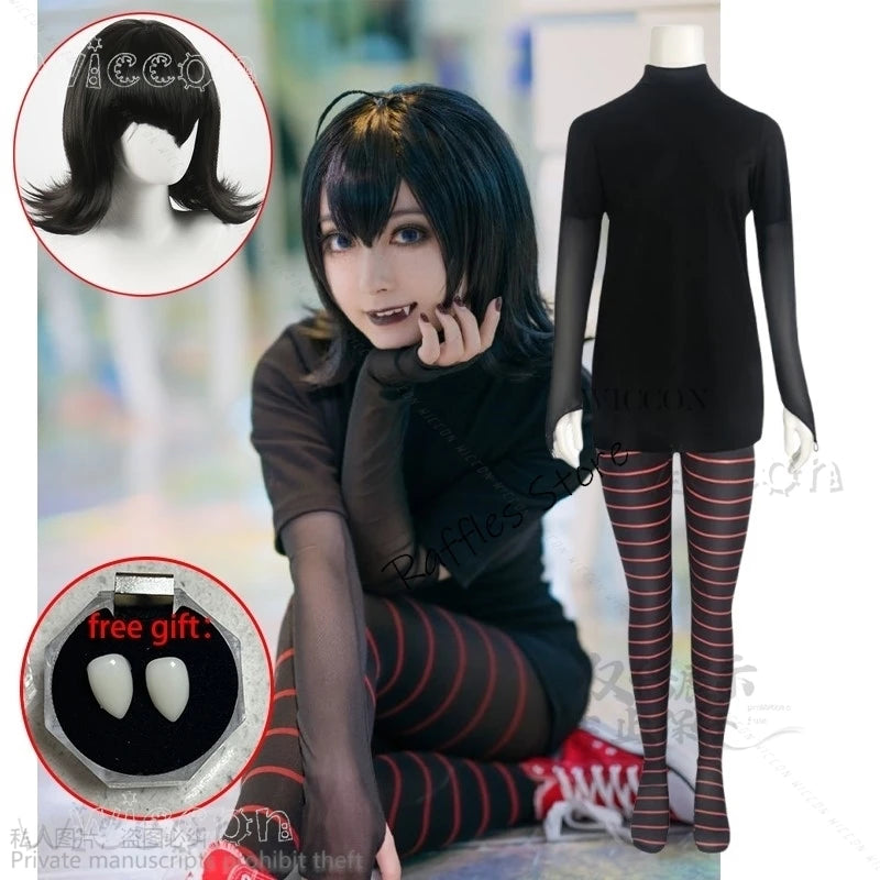 Mavis Dracula cosplay costume for women featuring black top and striped leggings with wig and accessory included