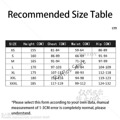 Recommended size table for Mavis Dracula cosplay costume for women with height and measurement details