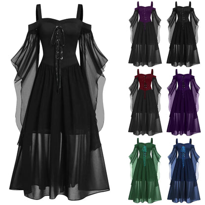 EtherealBe medieval Gothic witch costume in black with flowing sleeves and lace-up bodice