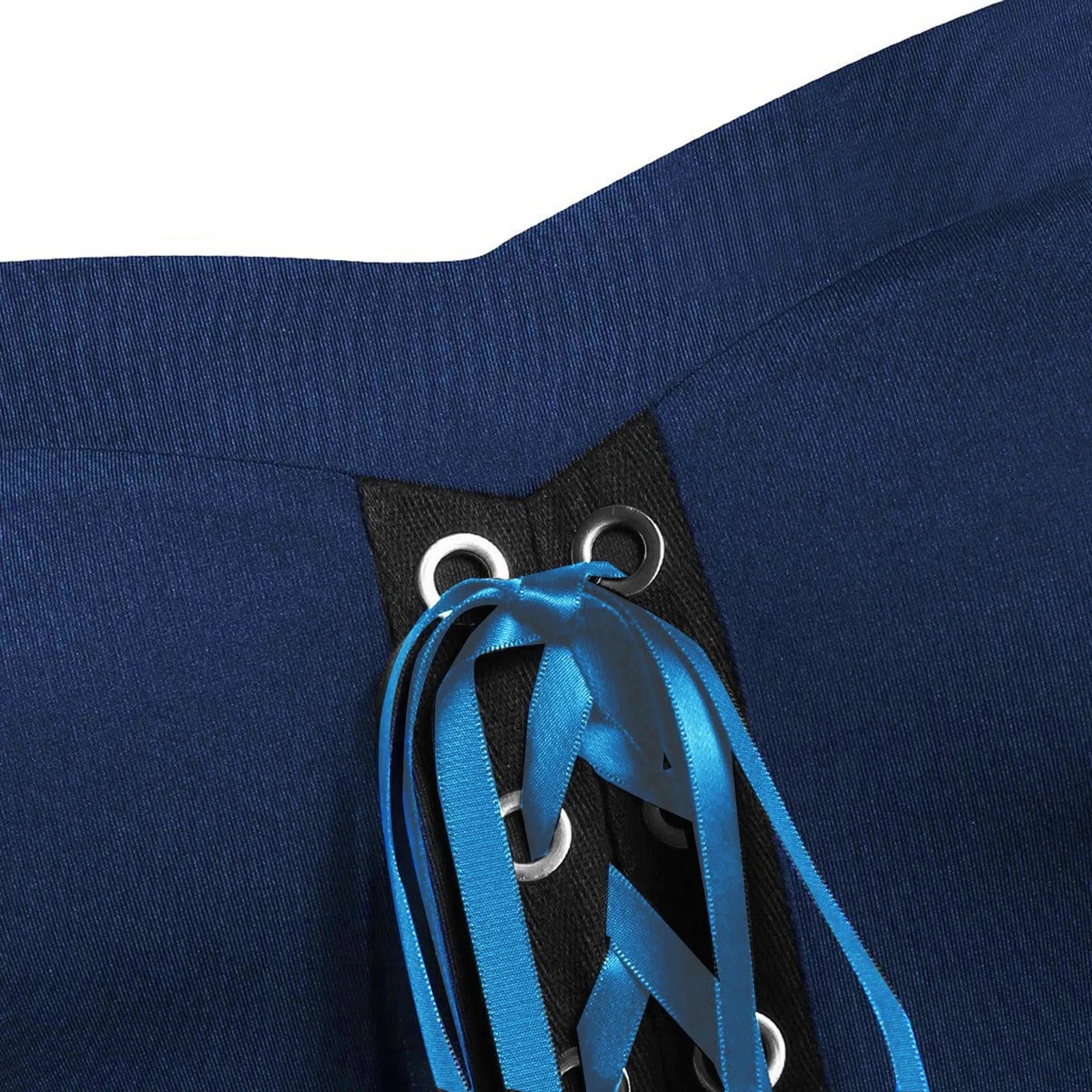 Close-up of lacing detail on a medieval Gothic witch costume in navy blue fabric
