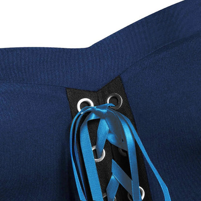 Close-up of lacing detail on a medieval Gothic witch costume in navy blue fabric