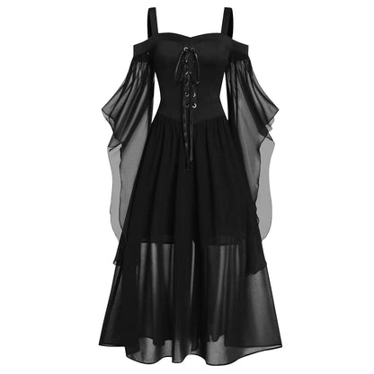 Elegant medieval Gothic witch costume featuring sheer sleeves and a lace-up bodice for enchanting looks