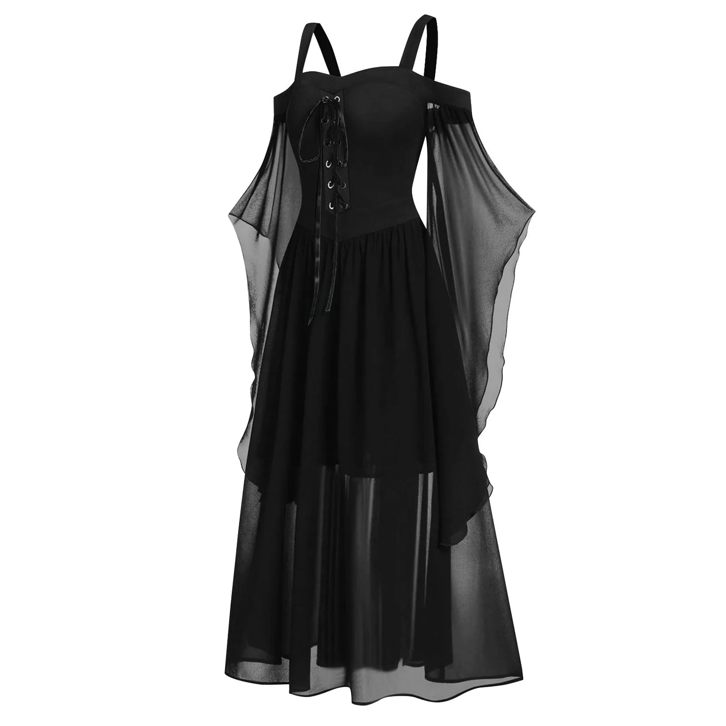 EtherealBe medieval Gothic witch costume featuring flowing black fabric with lace-up details