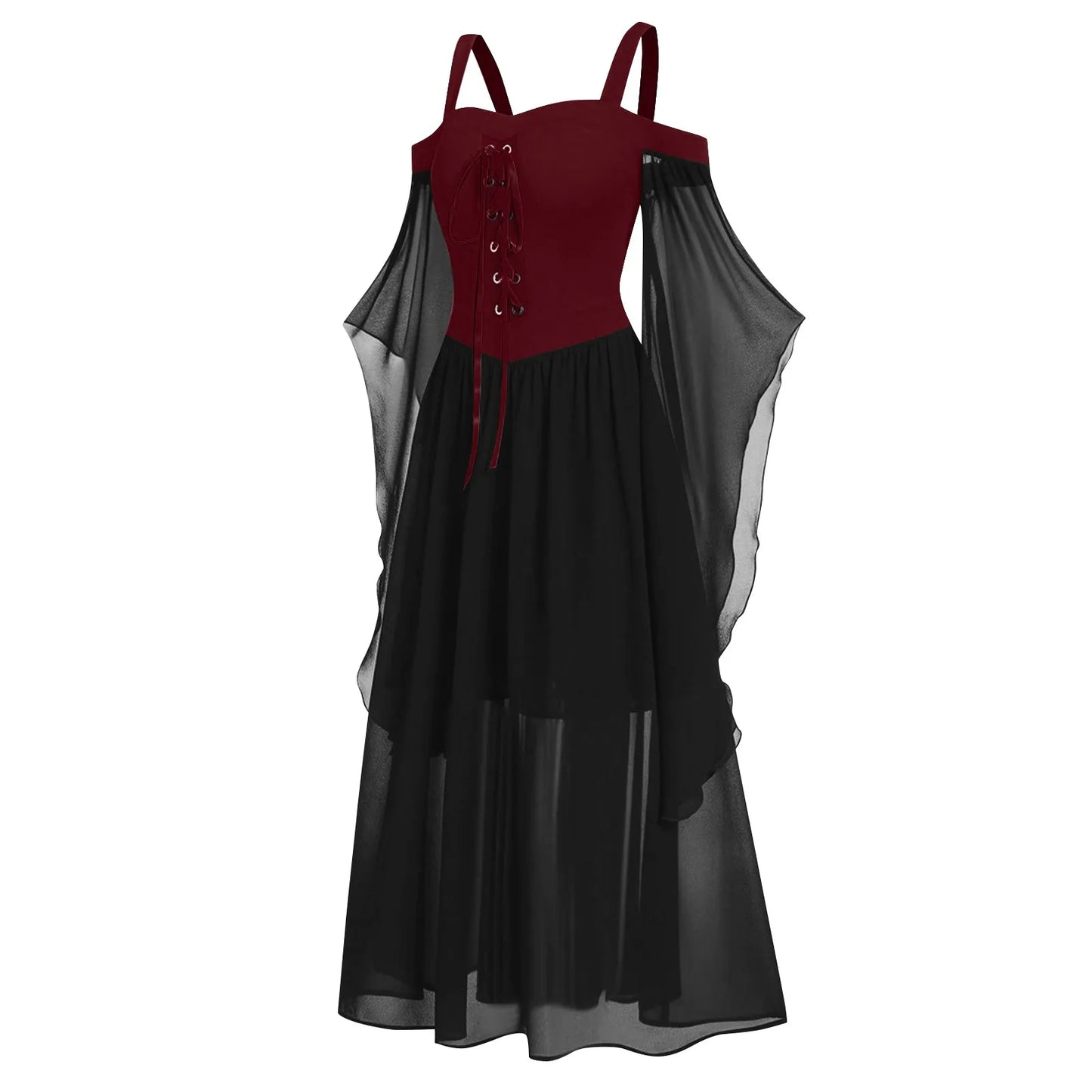 EtherealBe medieval Gothic witch costume with a flowing black skirt and burgundy bodice design