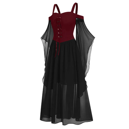 EtherealBe medieval Gothic witch costume with a flowing black skirt and burgundy bodice design