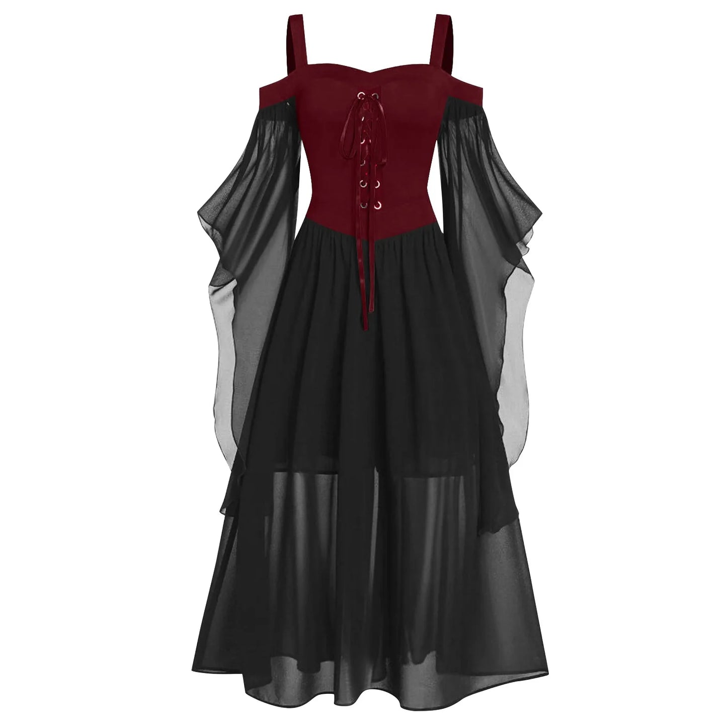 EtherealBe medieval Gothic witch costume with flowing black sheer sleeves and lace-up bodice