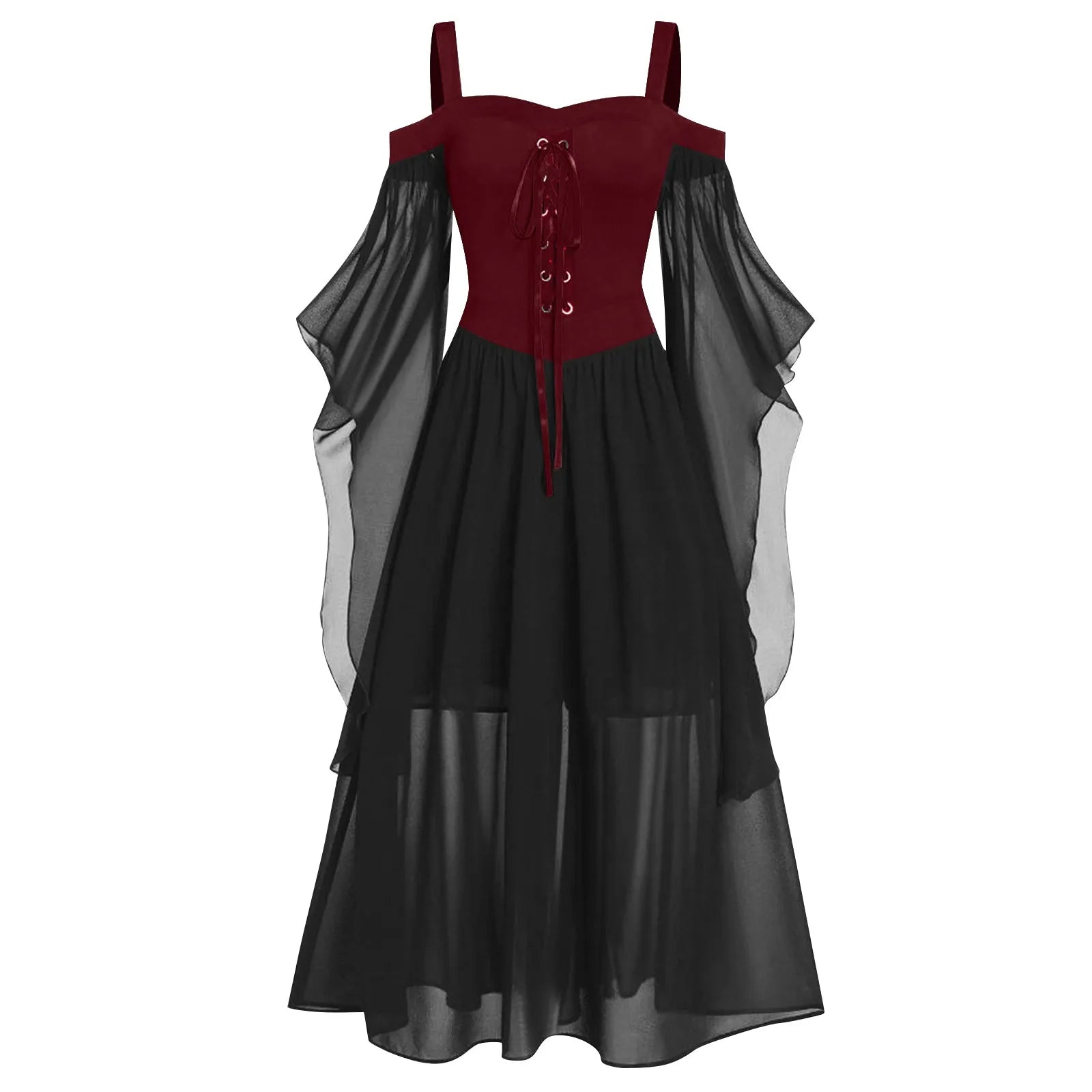 EtherealBe medieval Gothic witch costume with flowing black sheer sleeves and lace-up bodice