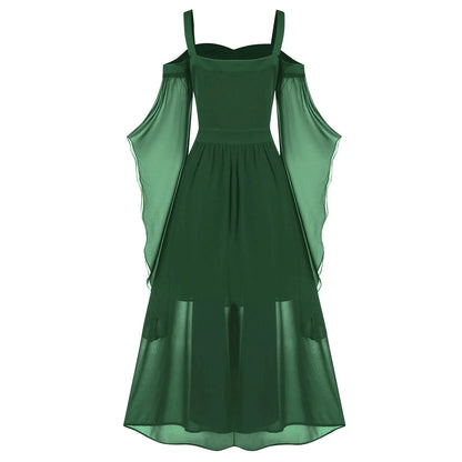 EtherealBe medieval Gothic witch costume in deep green with flowing, sheer sleeves and elegant design