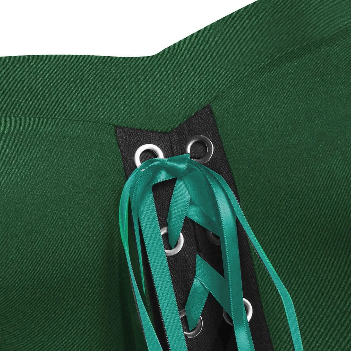 Detail of green medieval Gothic witch costume showing lace-up design with ribbons for an authentic look