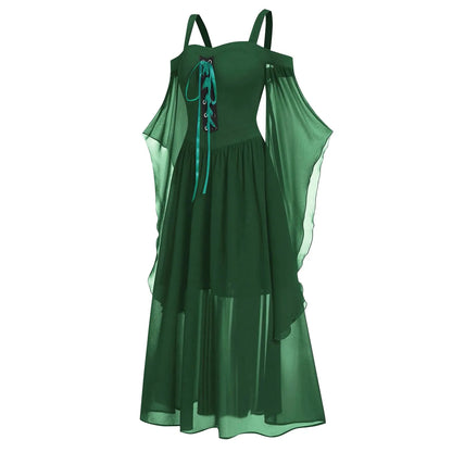 EtherealBe medieval Gothic witch costume in dark green with flowing cape and adjustable lace-up front