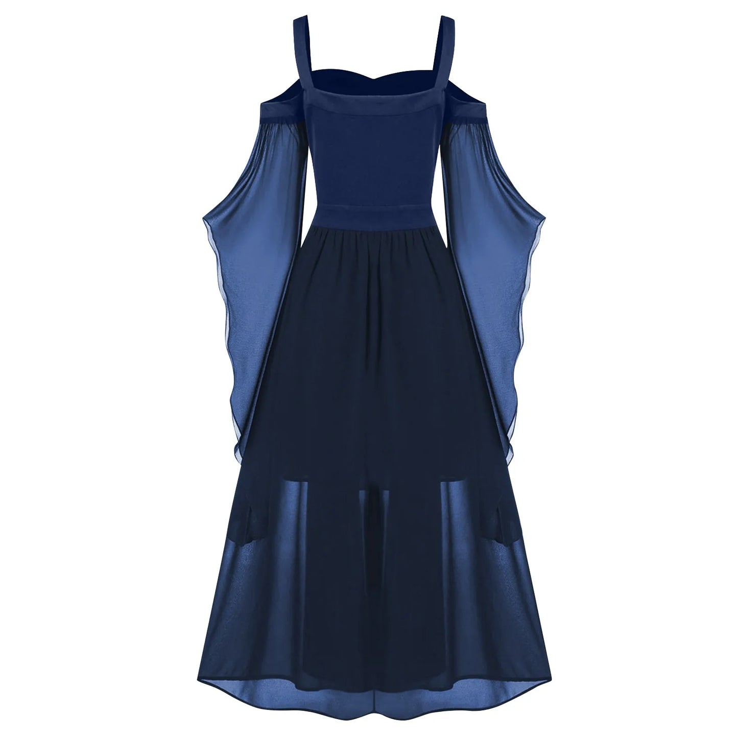 EtherealBe medieval Gothic witch costume in navy blue with flowing sleeves and a long skirt