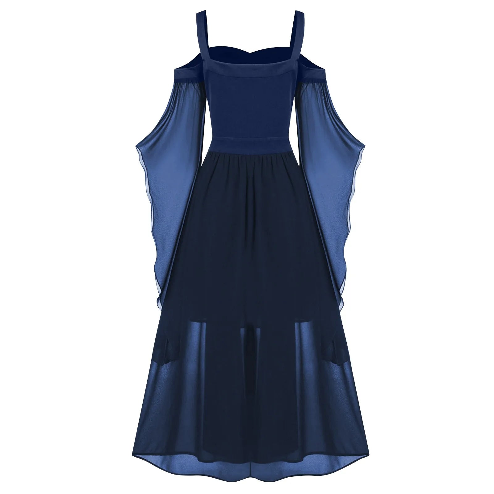 EtherealBe medieval Gothic witch costume in navy blue with flowing sleeves and a long skirt