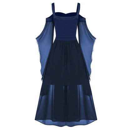 EtherealBe medieval Gothic witch costume in navy blue with flowing sleeves and a long skirt