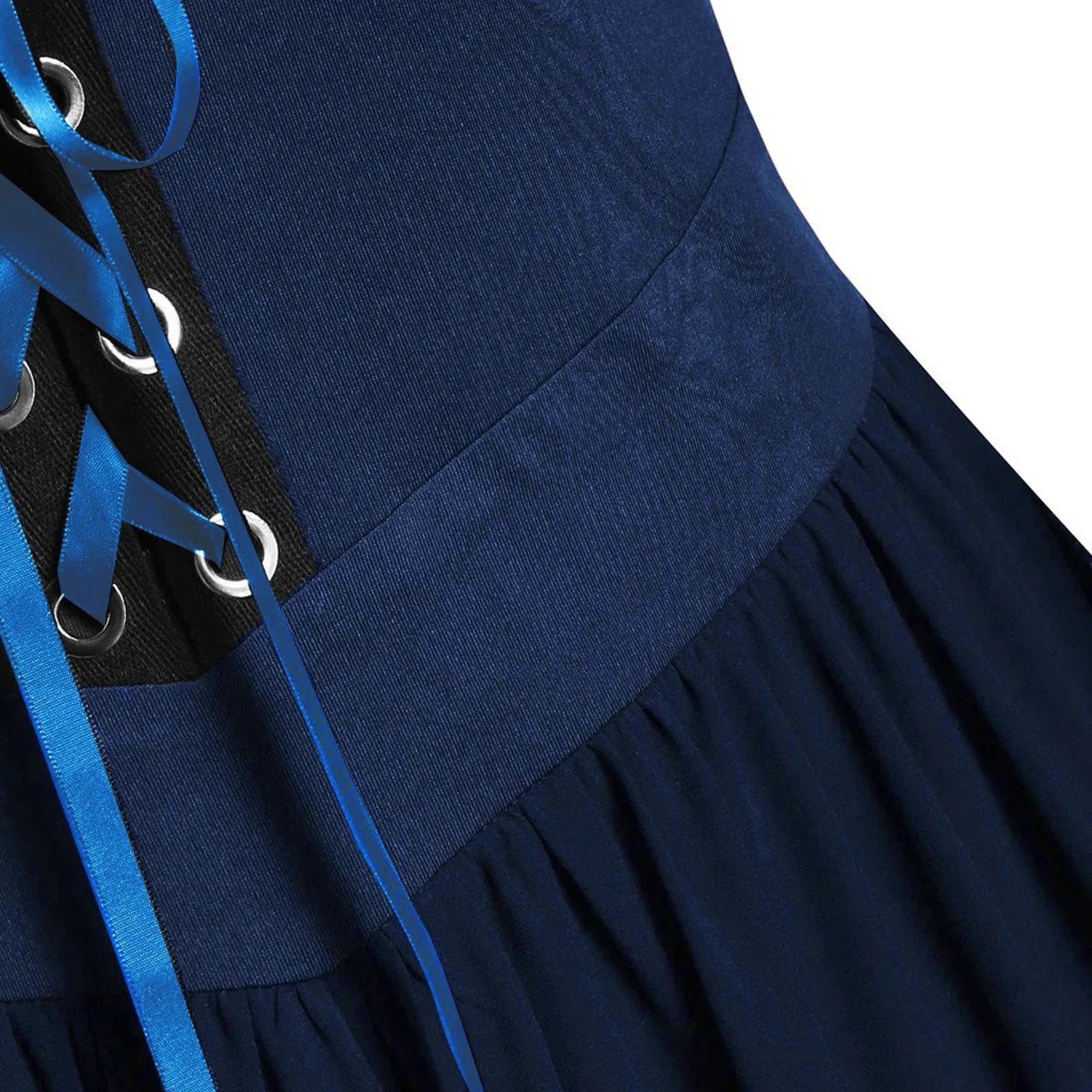 Close-up of the lacing detail on an EtherealBe medieval Gothic witch costume with a flowing skirt