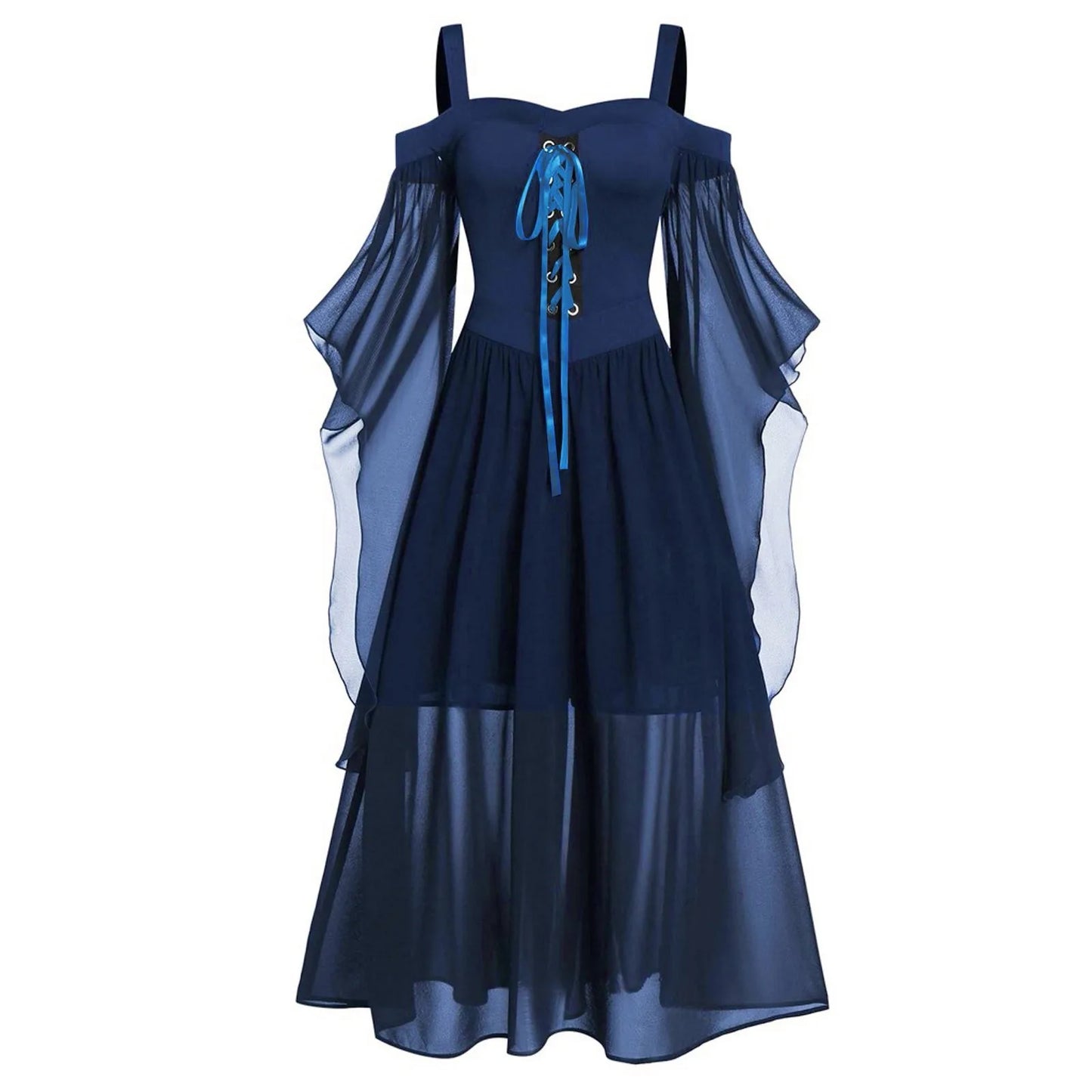 Elegant navy medieval Gothic witch costume with bell sleeves and lace-up detail for a mystical look