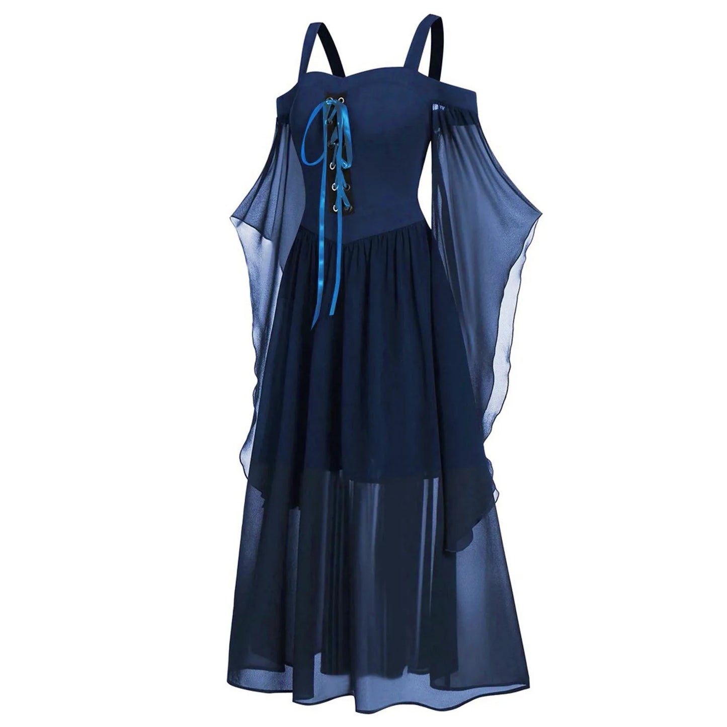 EtherealBe medieval Gothic witch costume in navy blue with flowing chiffon sleeves and lace-up detail