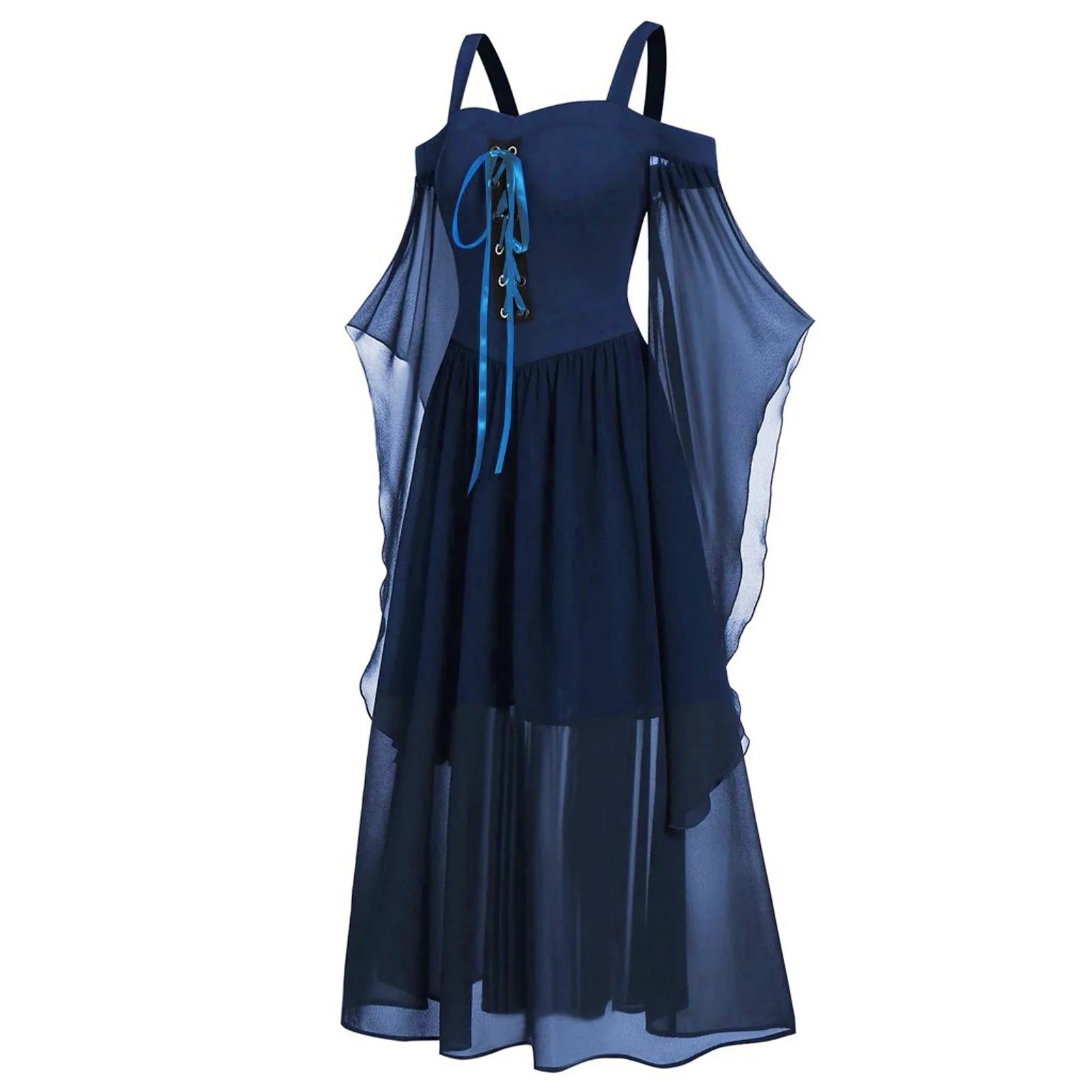 EtherealBe medieval Gothic witch costume in navy blue with flowing chiffon sleeves and lace-up detail