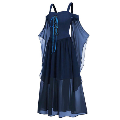 EtherealBe medieval Gothic witch costume in navy blue with flowing chiffon sleeves and lace-up detail