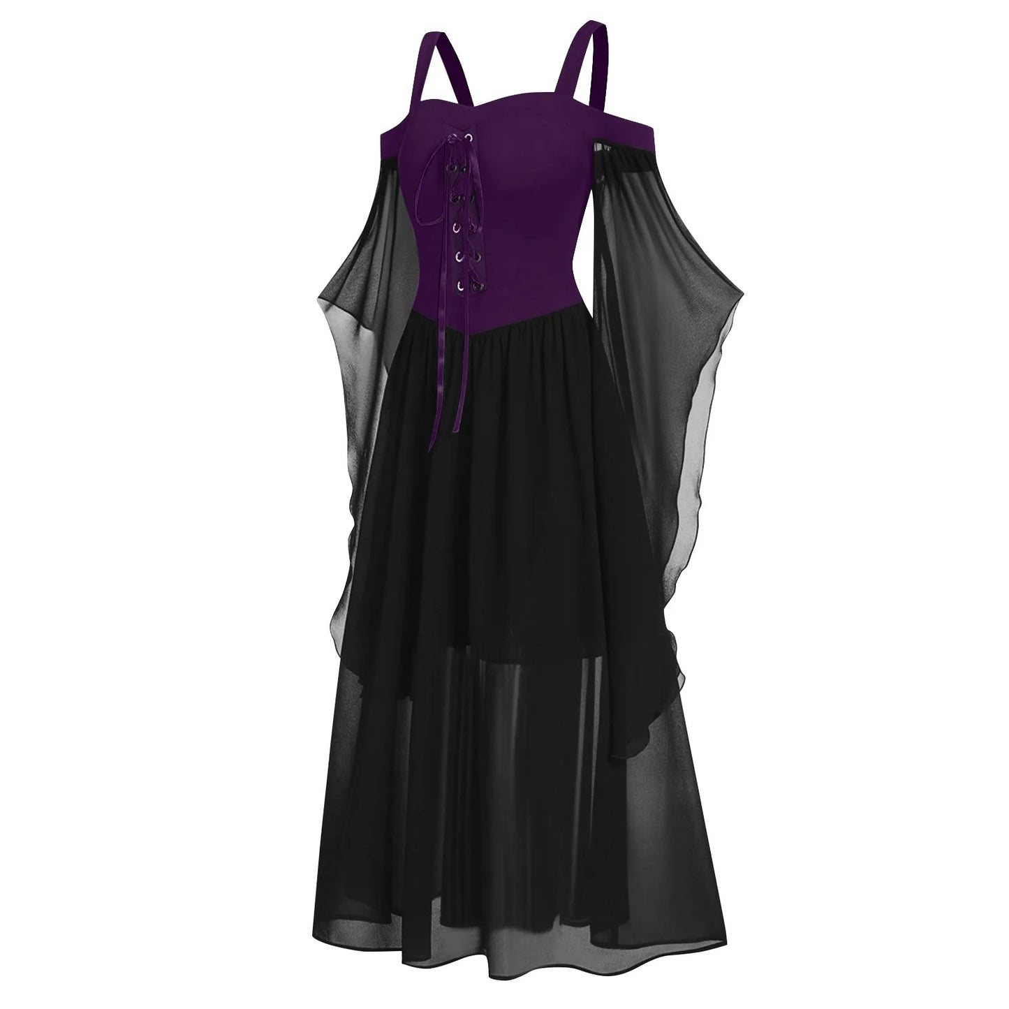 EtherealBe medieval Gothic witch costume featuring a lace-up bodice and flowing black chiffon cape sleeves