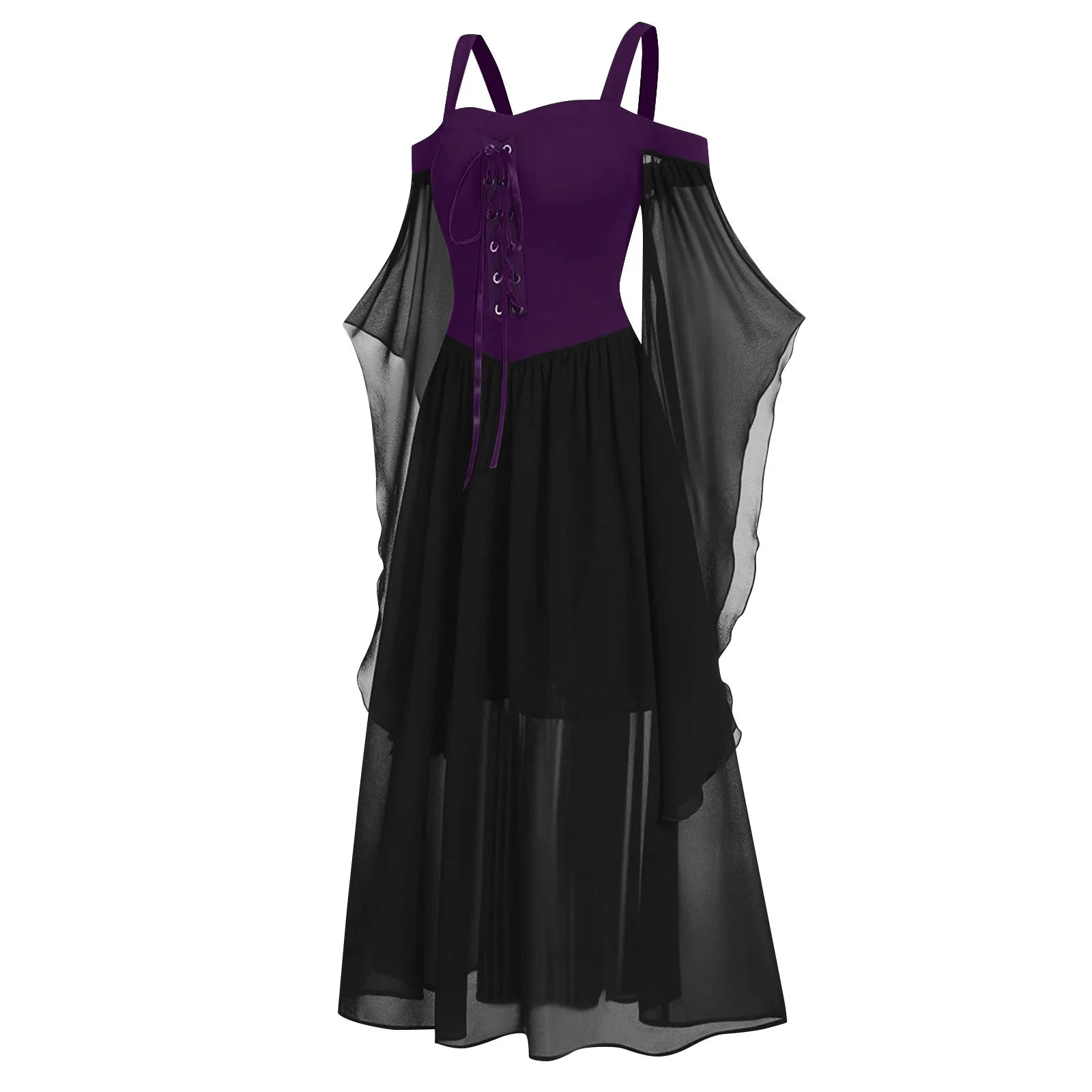 EtherealBe medieval Gothic witch costume featuring a lace-up bodice and flowing black chiffon cape sleeves