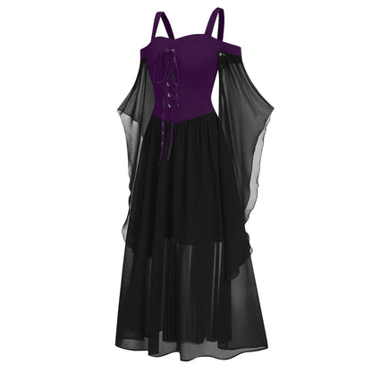 EtherealBe medieval Gothic witch costume featuring a lace-up bodice and flowing black chiffon cape sleeves