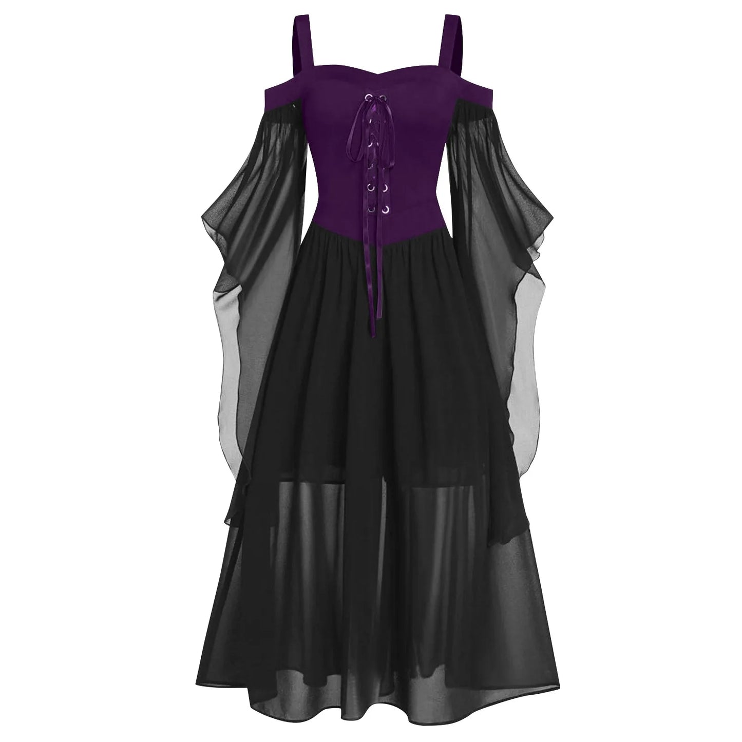 EtherealBe medieval Gothic witch costume featuring a purple bodice and sheer black sleeves