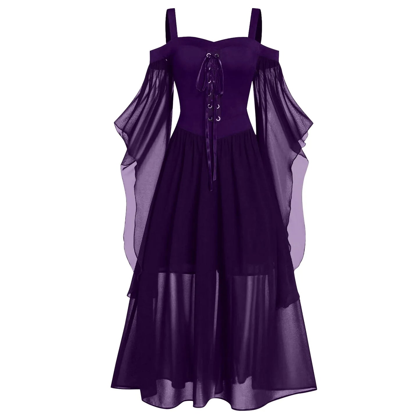 EtherealBe medieval Gothic witch costume in purple with elegant flowy sleeves and a lace-up front design