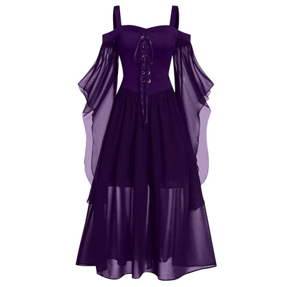EtherealBe medieval Gothic witch costume in purple with elegant flowy sleeves and a lace-up front design